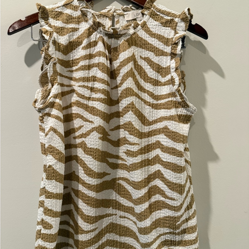 LOFT Zebra Print Ruffle Sleeve Blouse - Tan and White Size M